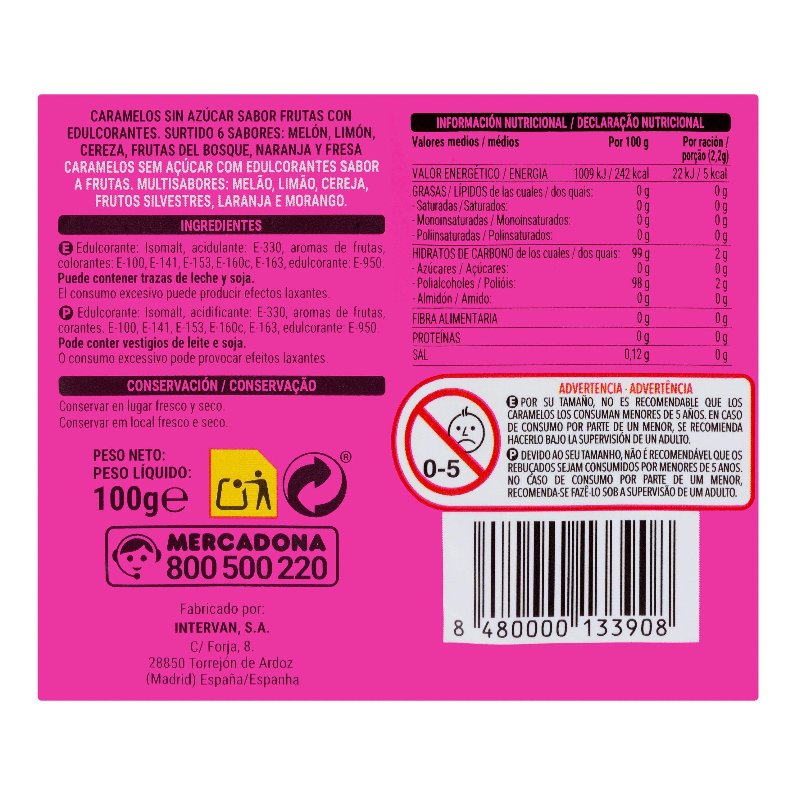 Etiqueta Caramelos Mix Fruits Hacendado 0% azúcares